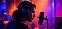 Illustrative blog photo of a creator in headphones at a studio microphone