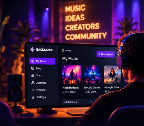 Illustrative creator wearing headphones at a neon-lit studio desk with the Backstage dashboard on screen