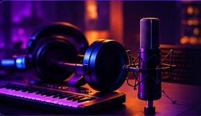Studio headphones, microphone and MIDI keyboard under violet light