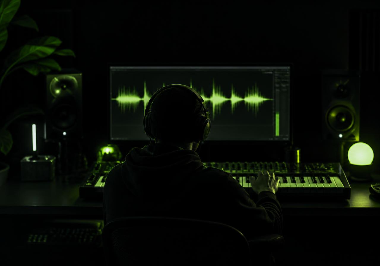 A music creator working on a track in a home studio